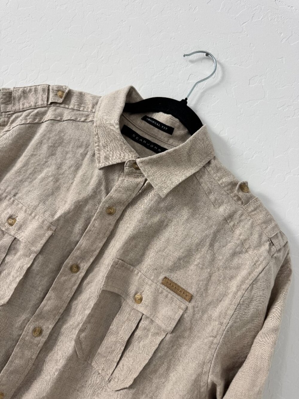 Sean John Shirt Mens Medium Beige 100% Linen Short Sleeve Button Up Utility